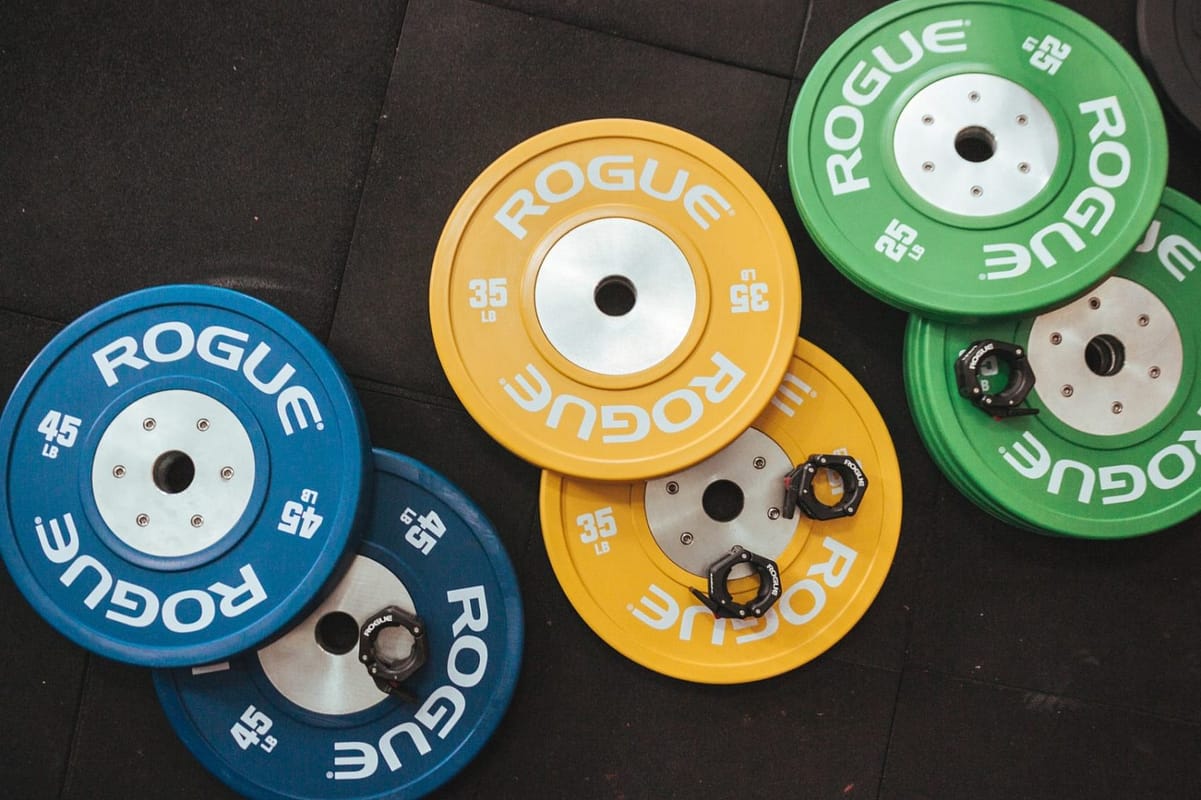 This image shows a few weight plates to use in the gym.
